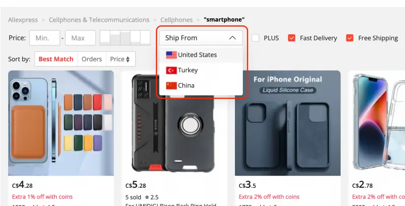 Filter sellers by shipping from your country or from China