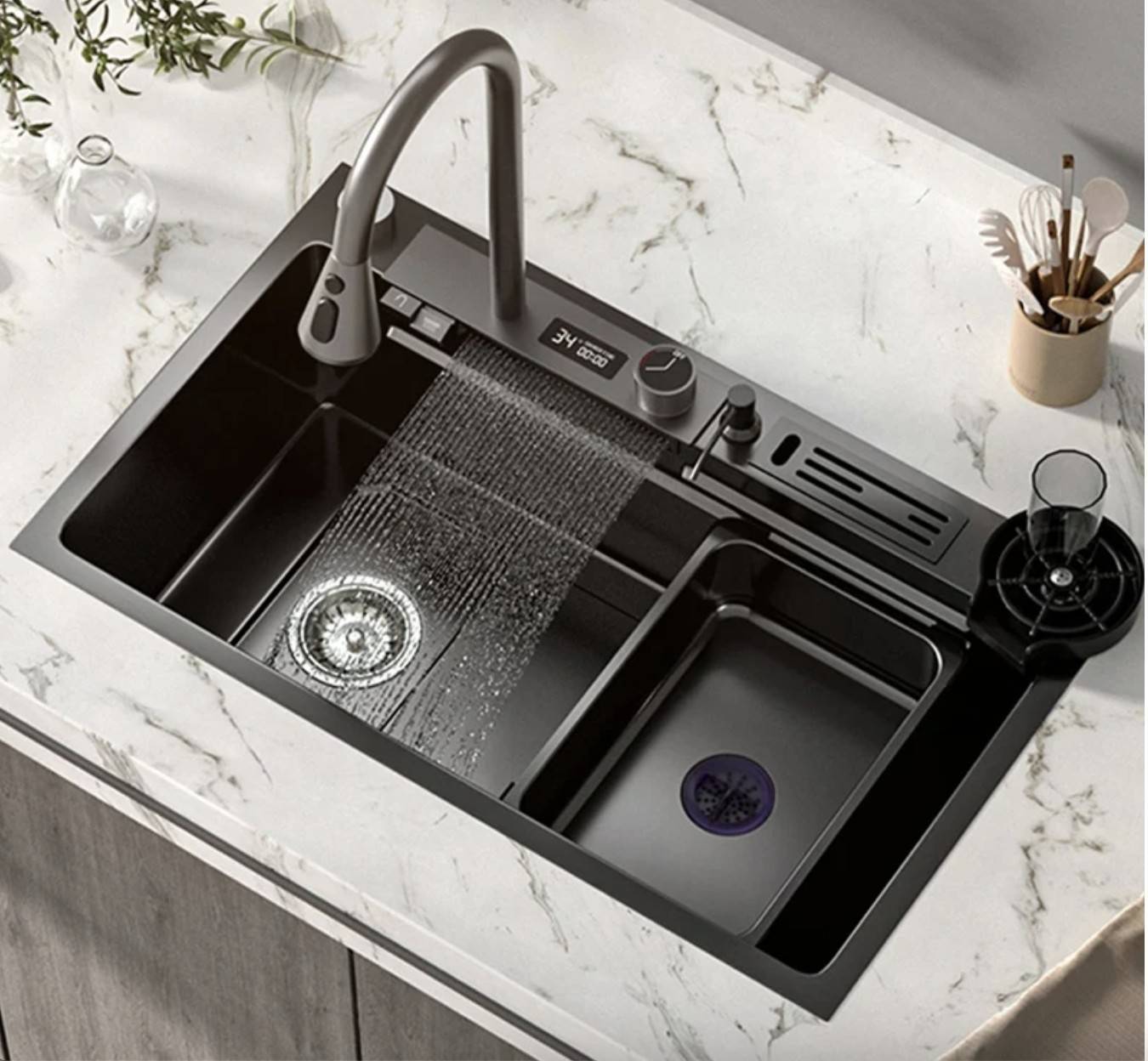 Stainless Steel Kitchen Sink with Digital Display and Touch Waterfall