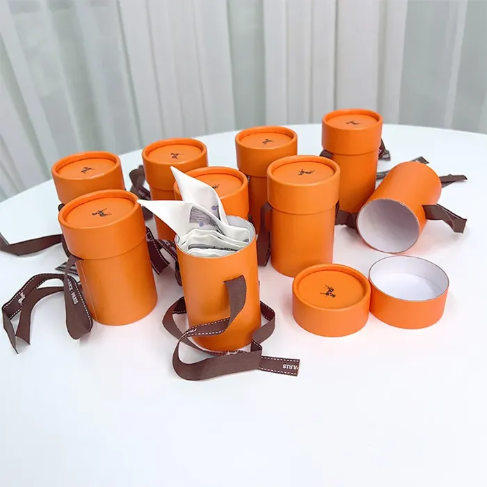 Orange Cylinder Gift Box Set for Luxury Brand Scarf Ribbon