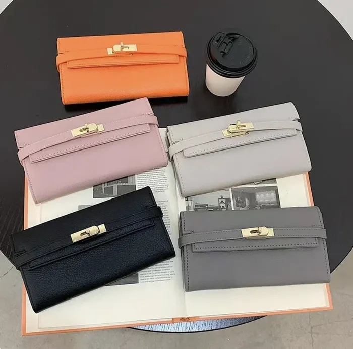 Women's Hermes style leather Bifold Long Wallet 