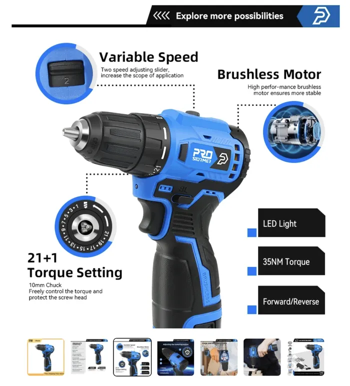 PROSTORMER 16.8V Mini Taladro Atornillador Li-ion Batería Recargable