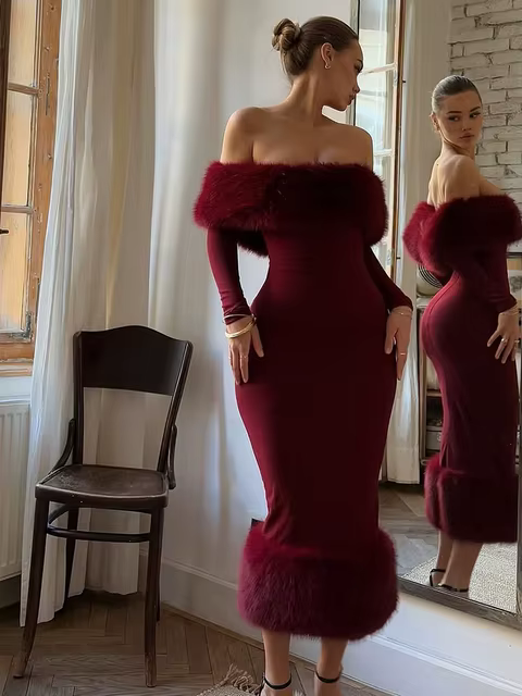 Faux Fur Strapless Patchwork Dress Women Sexy Off Shoulder Long Sleeve Tie Waist Slim Dresses Female Chic Evening Gowns