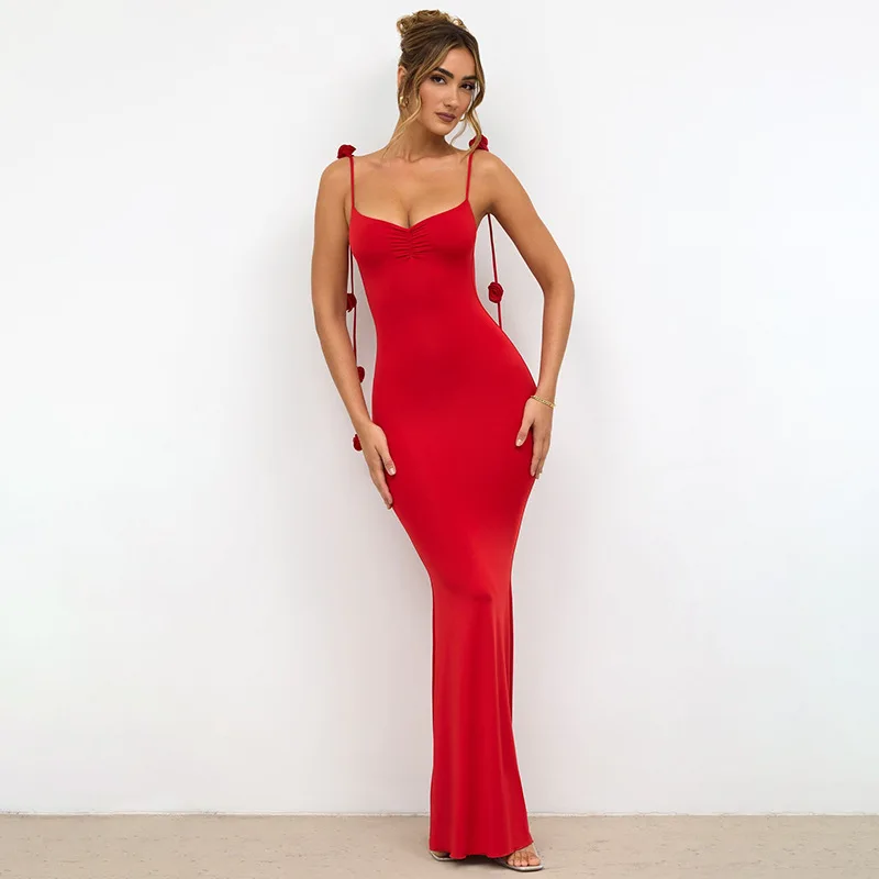 VEITCHE Summer Women Long Dresses Elegant Solid 3D Floral Embellished Spaghetti Strap Sleeveless Wrap Neck Maxi Evening Dress Patry