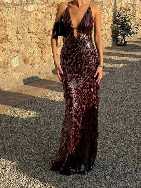 Women's Long Sequin Dress V-Neck Open Back High Waist Sleeveless Fashion Summer Party Wrap Dress